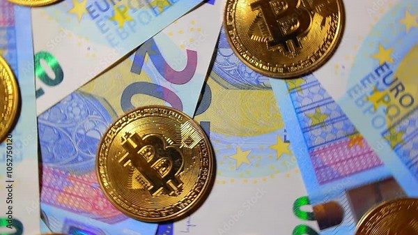 Bitcoin Coins on the 20 Euro Banknotes - Top View. Euro Money Cash and Cryptocurrency. A Lot of Twenty Euro Bills. Finances, Exchange, Blockchain and Electronic Money Concept - Rotation Left