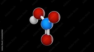 Nitric acid (Spirit of niter, Hydrogen nitrate) is the inorganic compound with the formula HNO3. 3D render. Seamless loop. Chemical structure model: Ball and Stick. RGB + Alpha (Transparent) channel