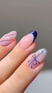 16K views · 142 reactions | ❄️ channeling holiday nights with @kissnypro dark blue and silver glam 睊✨ Using Kiss NY Pro from @ivybeauty.official Colors: Pink Skies, Midnight Rain, Nail Art Liner 02 Silver, Top Coat_____ #KissNYPro #christmasnails #silvernails #bluenails #glitternails #winternails #holidaynails #nails #nailinspo #nailtutorials #diynails #nailart almond nails, classy nails french tips sparkly #nailsnailsnails #nailsoftheday | Heygreatnails | Facebook