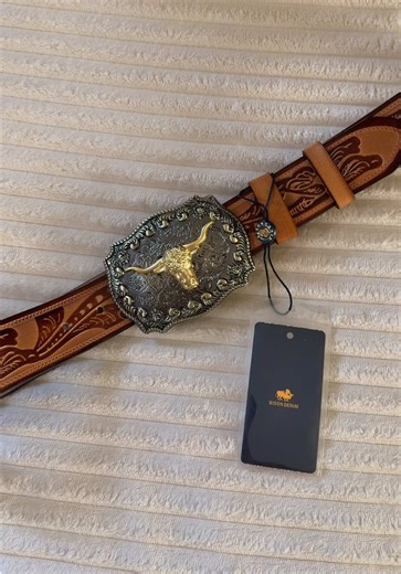 This western belt for men is made of cowhide leather with a beautiful embossed pattern, golden bull head buckle and bull horn design. #tiktokshopaffiliate #tiktokshop #western #westernfashion #musthaves