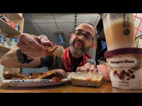 ASMR. Eating Alfredo Pasta, Egg And Cheese Sandwices With Haagen-Dazs Ice Cream.