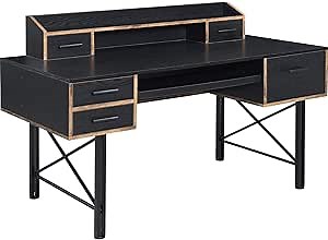 Benjara Computer Desk with Low Hutch and 5 Drawers, Black