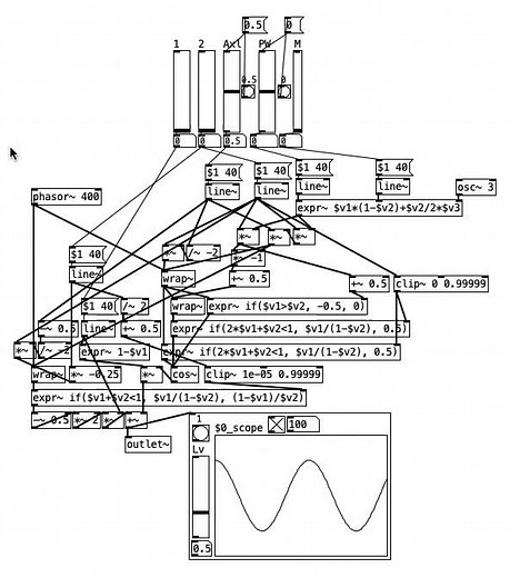 #PureData #phasedistortion 正弦波→三角波→ノコギリ波→矩形波→正弦波 とぐるっと一周モーフィングできるオシレーターを作ってみました。 そしてその形を崩さないようにPWMできるようにしてます。 #synth #maxmsp #DTM #visualprogramming #oscilloscope #oscillotok #programming