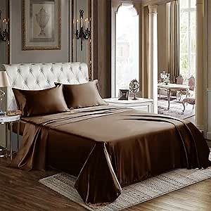 CozyLux Satin Sheets Full Size Sheets - Silky Soft Bedding Similar to Silk, 4 Piece Sheet Set for Hair and Skin, Deep Pocket with All-Around Elastic, Home Decor for Bedroom, Brown