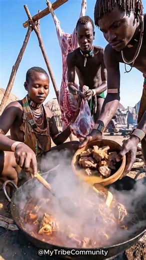 Hamar Goat Roast Feast (Non‑Graphic) | Omo Valley #tribalfood #tribalcooking #shorts