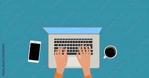 Animated video of woman hand typing on laptop keyboard top view. Working space animation
