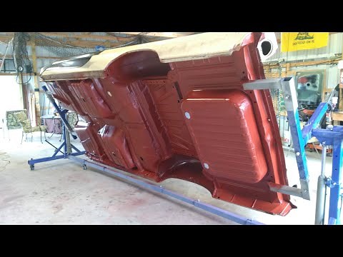 Floor pans in red oxide epoxy primer. 1964 impala SPI epoxy harbor freight gun