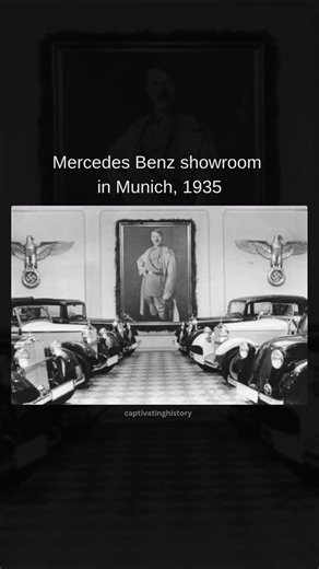 captivatinghistory on Instagram: "This historical photograph, taken in 1935, shows a Mercedes-Benz showroom in Munich during the Nazi era. The image highlights the political climate of the time, with Adolf Hitler’s portrait and Nazi symbols prominently displayed. It serves as a reminder of the intersection between politics, propaganda, and industry during one of history’s darkest periods. Disclaimer: This post is for historical and educational purposes only. It does not support or glorify any id