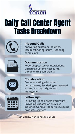  What does a Call Center Agent really do in a day? Here’s a quick breakdown of the core tasks that keep the BPO industry moving—from handling calls to documenting details and collaborating with the team. Whether you're a newbie or a seasoned agent, mastering these basics sets you up for success! #CallCenterLife #BPOJobsPH #DailyTasks #CallCenterAgent #BPOTips #CustomerServicePH #TorchSolutions #BPOIndustry #CareerInBPO #worksmarter | TORCH Solutions | Facebook