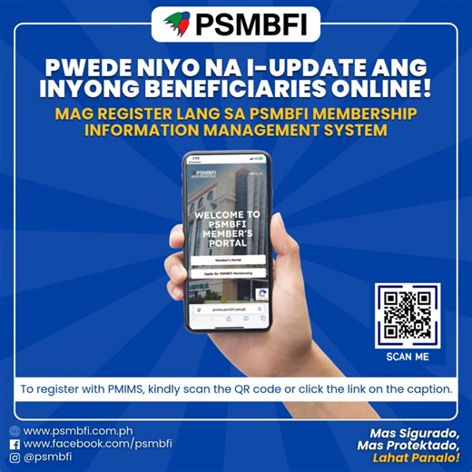 Mag-register lang sa PMIMS sa https://pmims.psmbfi.com.ph at maaari niyo nang i-update ang inyong mga beneficiaries. Maaari niyo rin makita ang inyong personal profile, insurance plans at coverage, at iba pang benefits. Please note that approval may take some time due to the necessary verification process. For further assistance, feel free to contact our Support Team at 0961-468-7030 or 0919-061-6148 from 7am to 6pm. #Kabalikat #PSMBFI #PSMBFIMaaasahan #PSMBFIPaRin #PSMBFI4ever #PSMBFI2026 #PSMB