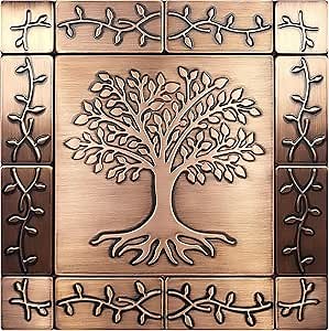 Handmade Copper Kitchen Backsplash Tiles - Tree of Life with a Beautiful Ornament - 23,62 x 23,62 Set of 13 Decorative Metal Tiles for Premium Wall Decor, Mural Artwork, and More