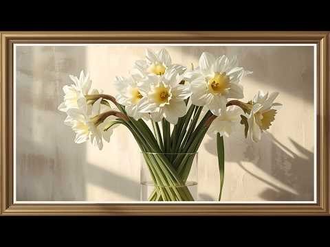 Framed TV Art 4K White Daffodils | Sunlit Floral Arrangement | No Music Screensaver for Home