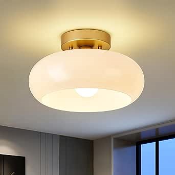 Mid-Century Modern Gold Semi Flush Mount Ceiling Light,White Glass Dome Hallway Lighting Fixtures, Metal Close to Ceiling Lamp for Entryway Bathroom Kitchen Bedroom Porch Foyer Office(11 Inch)