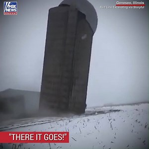 Check out this oddly satisfying video of a silo as it collapses from the bottom up, sliding along the ground as it does. | Fox News