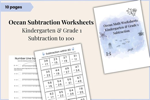 Ocean Subtraction Worksheets | Kindergarten, Grade 1 Math Practice (digital Download) - Etsy
