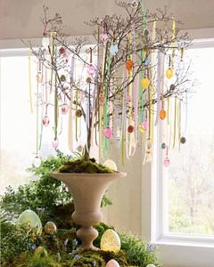 Our very favorite springtime tradition—the Easter Tree. A simple branchy tree, bedecked with painted glass eggs and pretty pastel ribbon, is the perfect Easter-meets-Equinox centerpiece idea. Tap to build your own! https://shopterrain.visitlink.me/kcNuFG | terrain