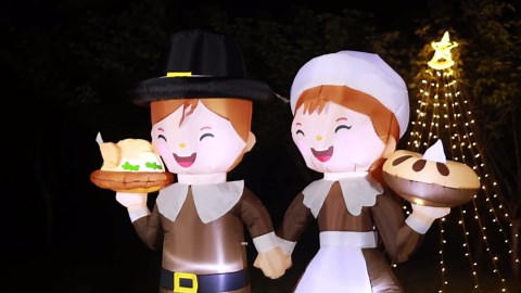 DomKom 6ft Tall LED Lighted Inflatable Pilgrim Boy and Girl–Thanksgiving Holiday Yard Decoration for Outdoors, Christmas, Fall Decor Blow Up Lawn Decorations with Built-in LED Lights for Garden