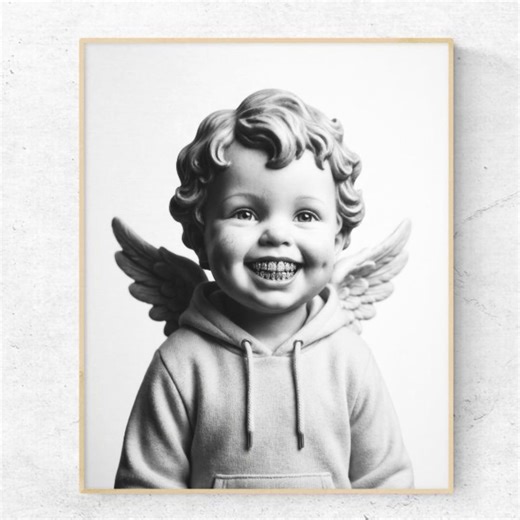 Printable Cupid Wall Art Black and White | Cupid With Diamond Grillz | Valentine’s Day Digital Print | Cupid Valentine's Day Wall Art - Etsy