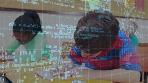 Boy writing in book, noticing camera, pausing and smiling in school with code overlay hiding faces