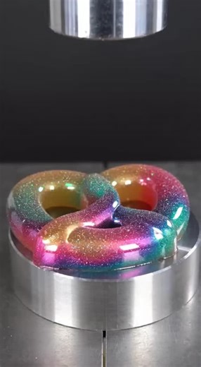 Nic Davis | A giant pretzel-shaped gummy coated in shimmering opal glaze meets the hydraulic press! Watch as the glossy shell cracks and thick rainbow... | Instagram