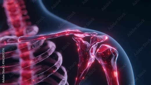 Detailed Shoulder Anatomy: An artistic representation highlights the intricate structure of the human shoulder, showcasing its skeletal framework and vital ligaments in a striking visual display.