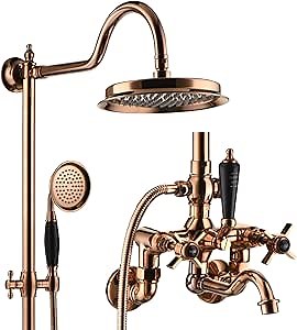 Exposed Shower System, BSS0361 Modern Rose Gold Shower Head Set, 9in/230mm Shower Faucet Sets Complete, Ceramic Handle Handheld, 180° Rotatable Bathtub Faucet, 59A Copper Mixing Valve