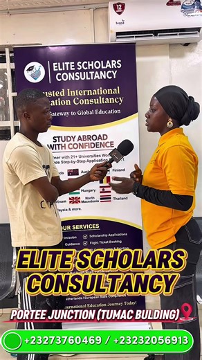 Study abroad with confidence 🌍✈️ Elite Scholars Consultancy S/L Limited is your trusted gateway to global education, partnering with 21 universities worldwide. We provide step-by-step support to help you achieve your international education dreams 🎓 Services: ✔️ University Admission ✔️ Scholarship Applications ✔️ Student Visa Guidance ✔️ Flight Ticket Booking ✔️ Passport Photos (All Sizes) ✔️ ID Card Design & Printing ✔️ T-Shirt & Cap Printing Contact Address: 📍 249 Bai Bureh Road, Portee Jun