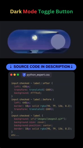 Python Expert🧑‍💻🎉 on Instagram: "Dark Mode Toggle Button 🌙☀️ Moon/sun slider switch using input[type=checkbox]:checked ~ label, transform: translateX(26px), background: #2196F3, box-shadow: rgb(13,0.2) 0 4px 8px. Pure CSS toggle practicing pseudo-elements, transitions, and theme swaps for modern UIs! dark mode toggle css checkbox, moon sun slider switch css, translatex dark mode animation, input checked label transform, pure css theme toggle button, box-shadow moon sun toggle, responsive dar