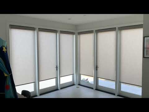 Modern Motorized Roller Shades Installed | French Doors + Tall Windows