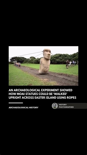 In a highly successful archaeological experiment, researchers led by Carl Lipo and Terry Hunt used ropes to prove that the massive Moai statues could be "walked" upright across Easter Island. By utilizing the statues' D-shaped bases and forward lean, a team of just 18 people was able to move a 4.35-ton replica 100 meters in only 40 minutes using a side-to-side rocking motion, a method supported by local oral traditions and wear marks found on ancient roads. Credit: National Geographic | History 