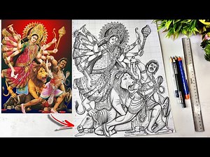 Durga Maa Drawing Full Body, Mahisasura mardini Drawing, Navratri Drawing, How To Draw Durga Thakur