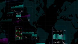 Futuristic HUD Data Display with World Map and Lines Animated Background.