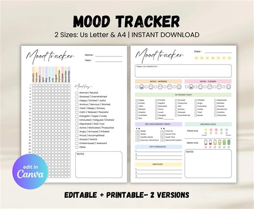 Daily Mood Tracker Printable PDF, Anxiety Tracker, Mental Health Journal, Emotion Log Sheet, Simple Mood Log, Canva Editable Tracker - Etsy
