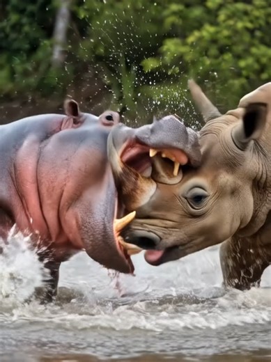 really harsh attack by hippo on rhinoceros