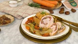 Rollè di pollo arrosto con pancetta e castagne