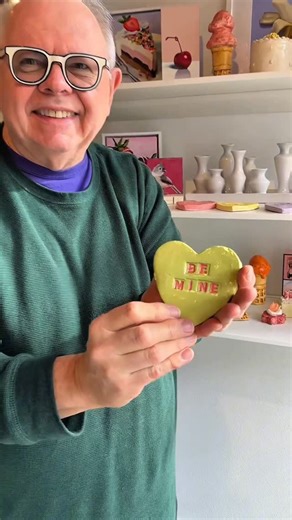 Elliott Fouts Gallery on Instagram: "Literally cannot wait to see what creative phrases you guys come up with for the custom hearts!! 😆💓 Jeff’s custom and readymade ceramic Candy Conversation Hearts are available online on Wednesday 1/7 at 9AM PST (preview at 8 AM!) 🩷🧡💛💚💜 Sign up for our emails at the link in profile to get the shoppable link in your inbox! 💌 #ceramic #valentinesday #candyhearts"