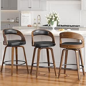 Swivel Bar Stools Set of 3, 26" Counter Height Bentwood Barstool, Mid-Century Modern PU Leather Upholstered Bar Chair with Back and Footrest, for Kitchen Island, Bar, Cafe, Dining Room, Black