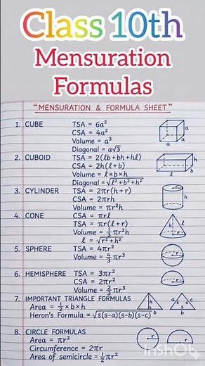 🎯Class 10 Maths Mensuration📚– 🧐Must Remember Formulas🚀 #maths #trending #viral #shorts #mensuration