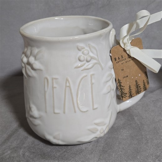 Rae Dunn PEACE Mug – White Embossed Ceramic Coffee Cup – Farmhouse Holiday Mug With Gift Tag - Etsy