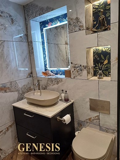 Full illumination & sliding mechanism. Easy touch Infared Sensor to dim the mirror lighting Luxury Lighting to make you swoon 👁🪞 | Genesis Kitchen, Bathroom and Bespoke Renovations