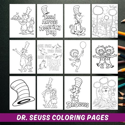 Dr. Seuss Coloring Pages, Read Across America Printable, Dr. Seuss Birthday, Cat in the Hat Coloring Pages, Printable Pages for Kids,digital - Etsy UK