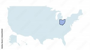 US ohio state map animation. United states of America country - high detailed motion illustration map. 4k animated video with blinking red and blue highlighted state with alpha matte.