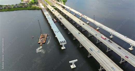 Driving traffic cars on freeway bridge road under construction. Building traffic infrastructure on American roadway.