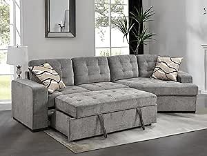 THSUPER 122'' Oversized Sectional Sleeper Sofa Couch with Chaise Lounge and Pull Out Bed, 4-Seater L-Shaped Sectionals Couches with Cuddler for Living Room. Ebony Chenille