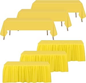 Oudain 6 Pcs Plastic Table Skirts and Stainproof Table Cloths 54 x 108 in Plastic Tablecloth 168 x 29 Inches Disposable for Wedding Baby Shower Valentine Spring Easter Party(Yellow)