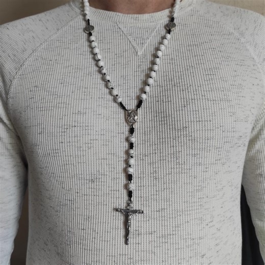 Sterling Silver Saint Benedict Rosary: White Howlite Beads, Catholic Exorcism Pendant - Etsy New Zealand