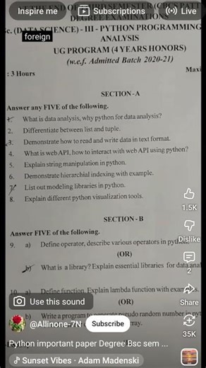 #bsc #questionpaper #pythonprogramming #datascience #previous paper#sem#osmaniyauniversity #python