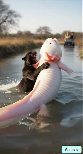 Black panther catching a massive albino white axolotl