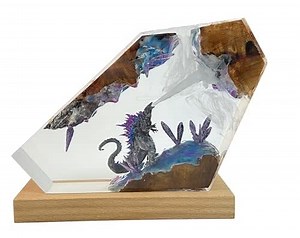 Handmade Godzilla Resin Night Light with Wooden Base, 7.8 x 5.5 inches, Variable Lighting Crystal Design USB Powered Personalized Gifts Home Decor