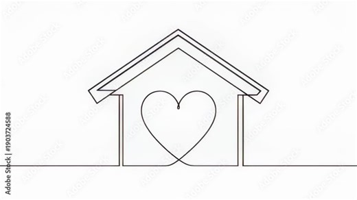 Continuous line drawing of a house with a heart inside